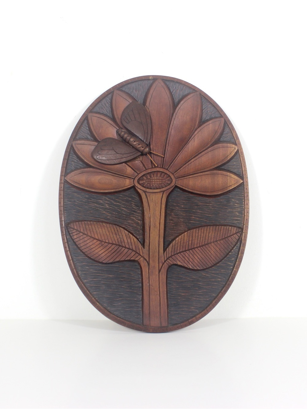 Mid Century Hand Carved Wood Wall Art Butterfly Flower